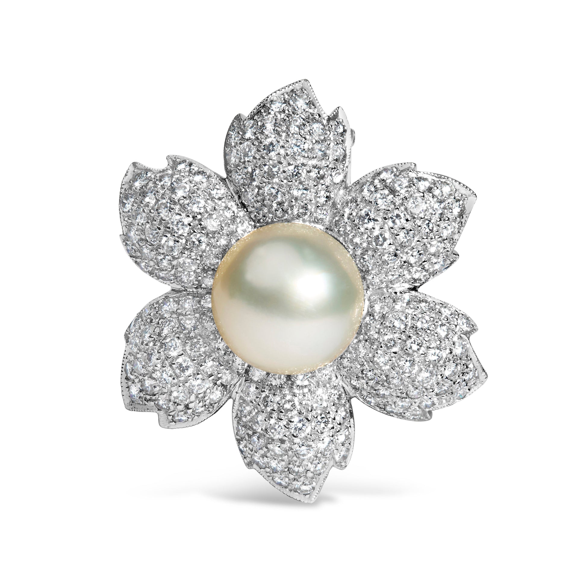 18K White Gold 2 3/4 Cttw Diamond and 12.5 MM Cultured Freshwater Pearl Floral Brooch Pin (G-H Color, VS1-VS2 Clarity) Bids.com