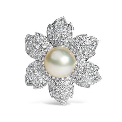 18K White Gold 2 3/4 Cttw Diamond and 12.5 MM Cultured Freshwater Pearl Floral Brooch Pin (G-H Color, VS1-VS2 Clarity) Bids.com