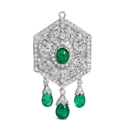 18K 2 3/4 Cttw Diamond and Emerald Dangle Art Deco Shield Brooch Pin Pendant (G-H Color, VS1-VS2 Clarity) CHAIN NOT INCLUDED Bids.com