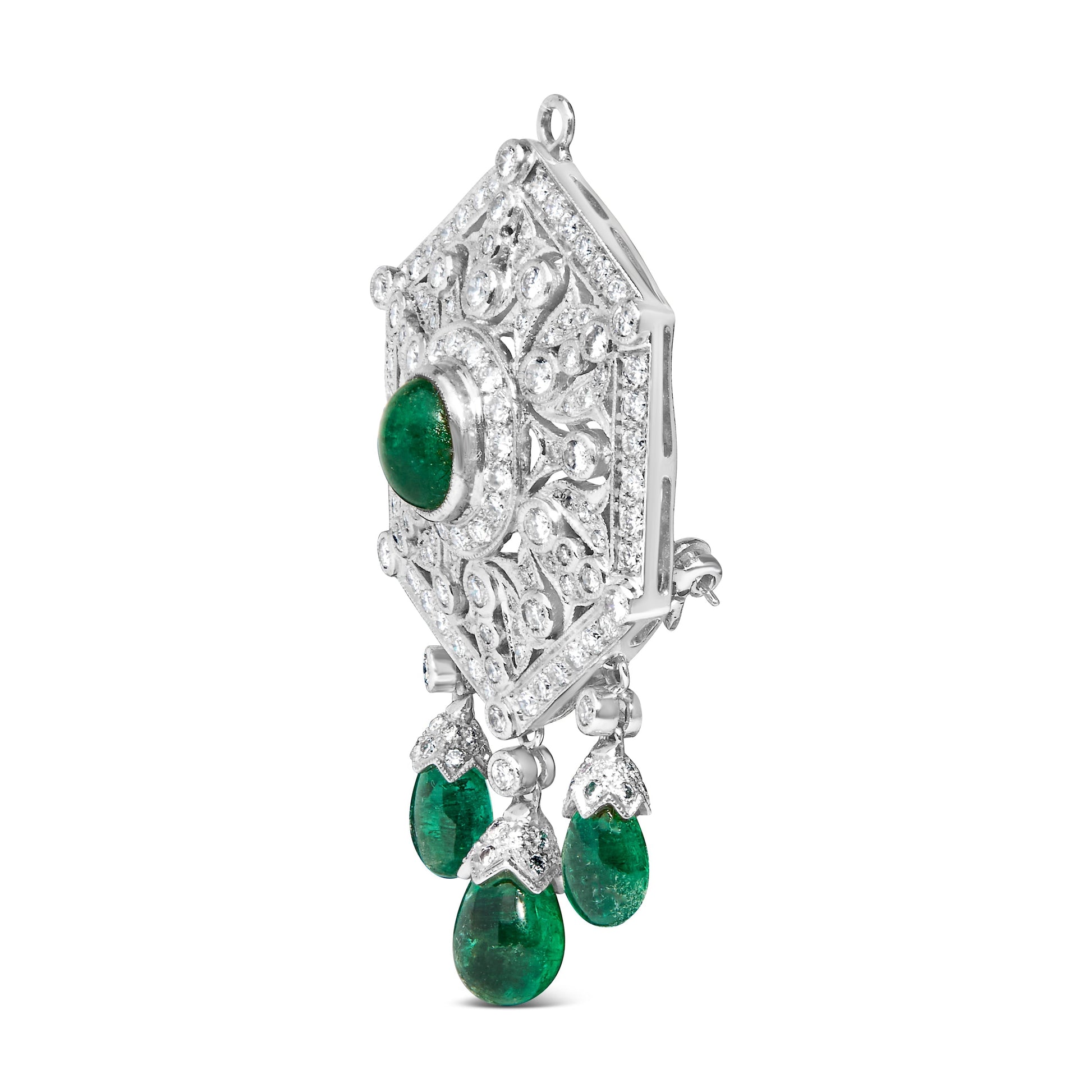 18K 2 3/4 Cttw Diamond and Emerald Dangle Art Deco Shield Brooch Pin Pendant (G-H Color, VS1-VS2 Clarity) CHAIN NOT INCLUDED Bids.com