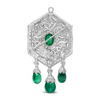 18K 2 3/4 Cttw Diamond and Emerald Dangle Art Deco Shield Brooch Pin Pendant (G-H Color, VS1-VS2 Clarity) CHAIN NOT INCLUDED Bids.com