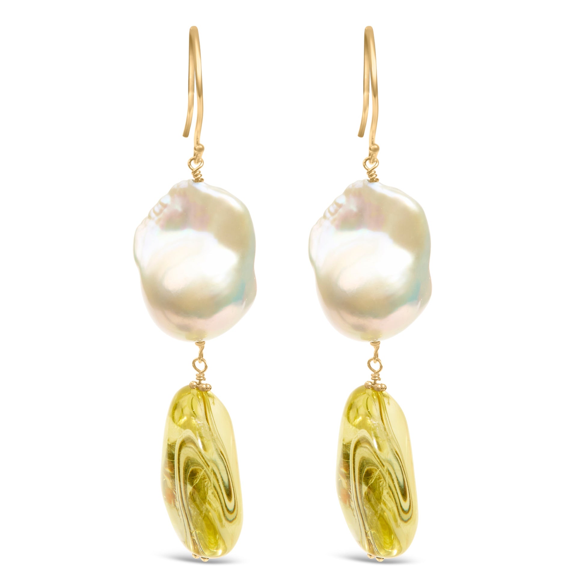 14K Yellow Gold Citrine and Baroque Pearl Drop and Dangle Earrings 1 3/4 Inch Dangle Bids.com