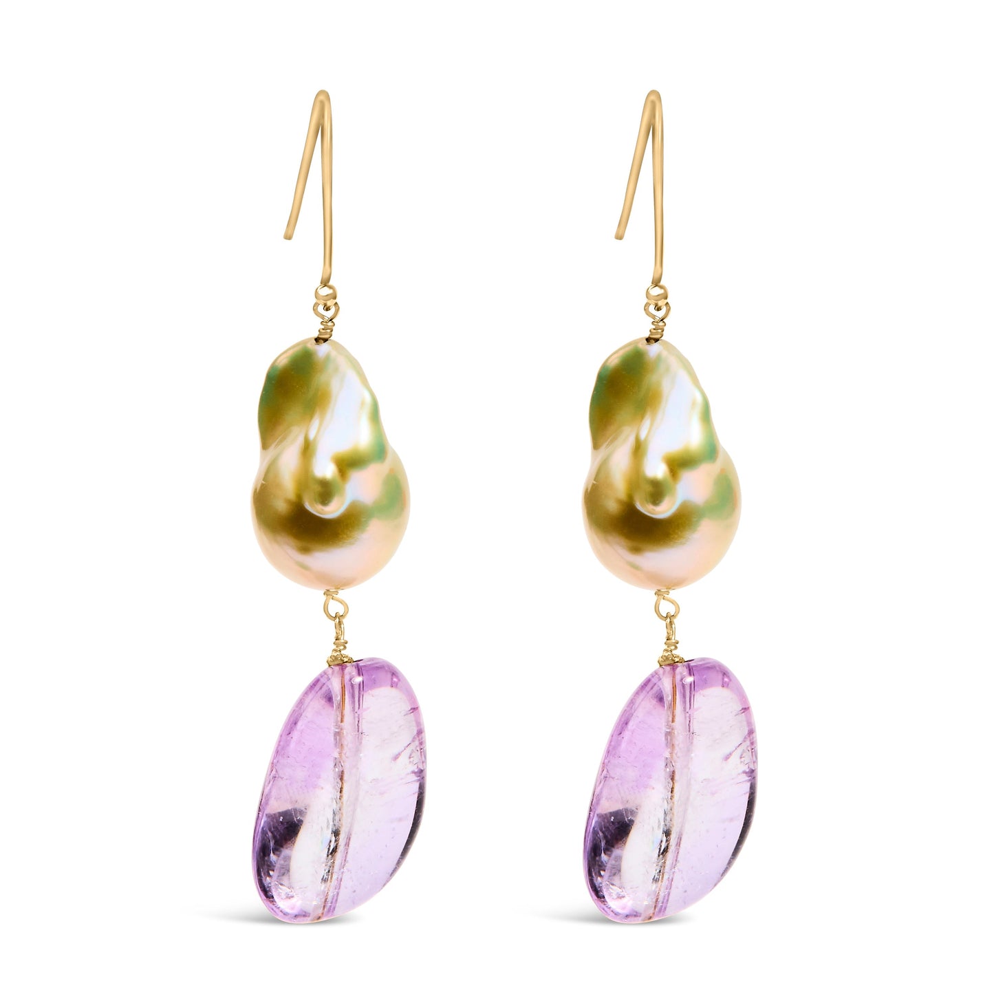14K Yellow Gold Amethyst and Baroque Pearl Drop and Dangle Earrings 2" Inch Dangle Length Bids.com