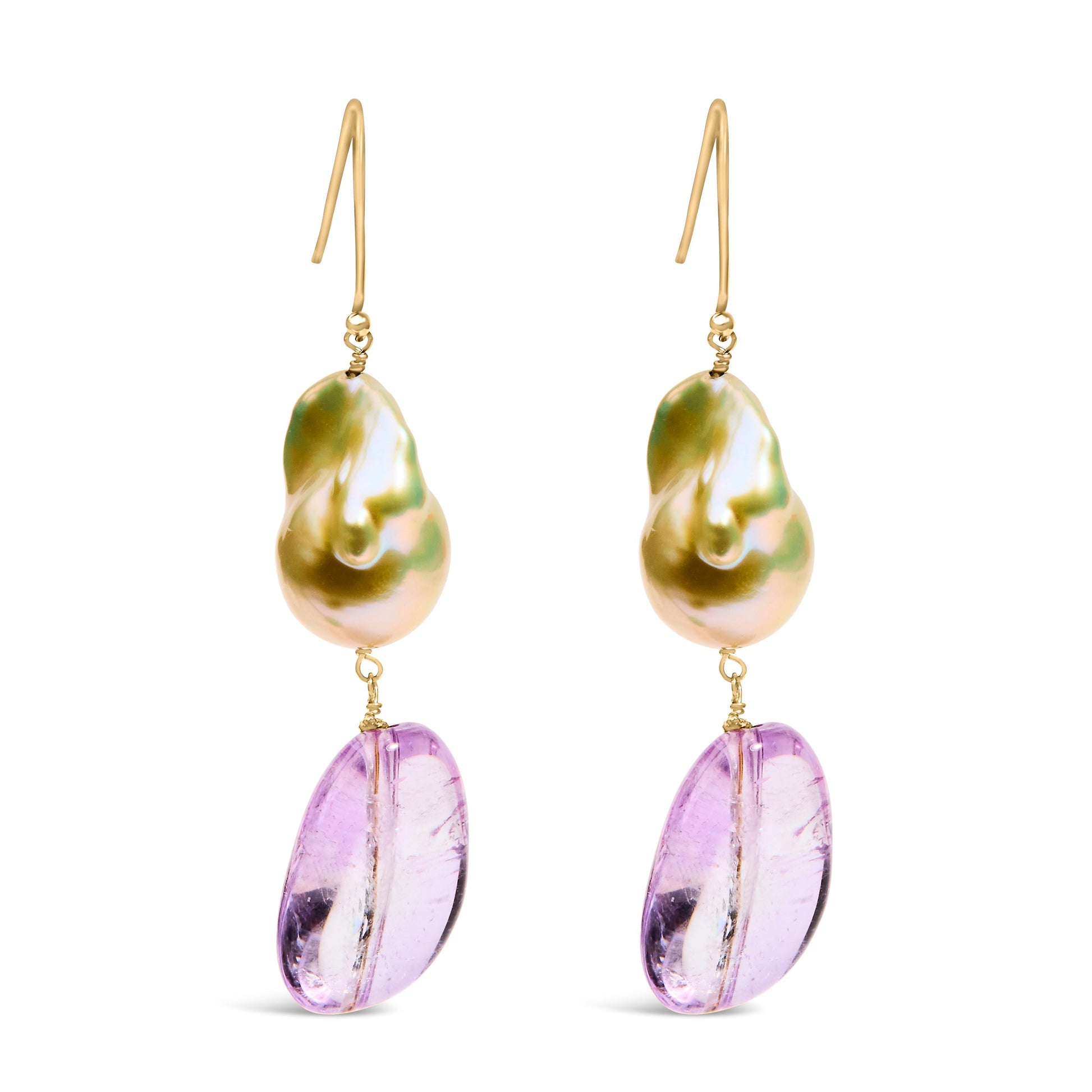 14K Yellow Gold Amethyst and Baroque Pearl Drop and Dangle Earrings 2" Inch Dangle Length Bids.com