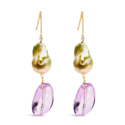 14K Yellow Gold Amethyst and Baroque Pearl Drop and Dangle Earrings 2" Inch Dangle Length Bids.com