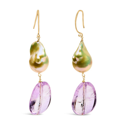 14K Yellow Gold Amethyst and Baroque Pearl Drop and Dangle Earrings 2" Inch Dangle Length Bids.com