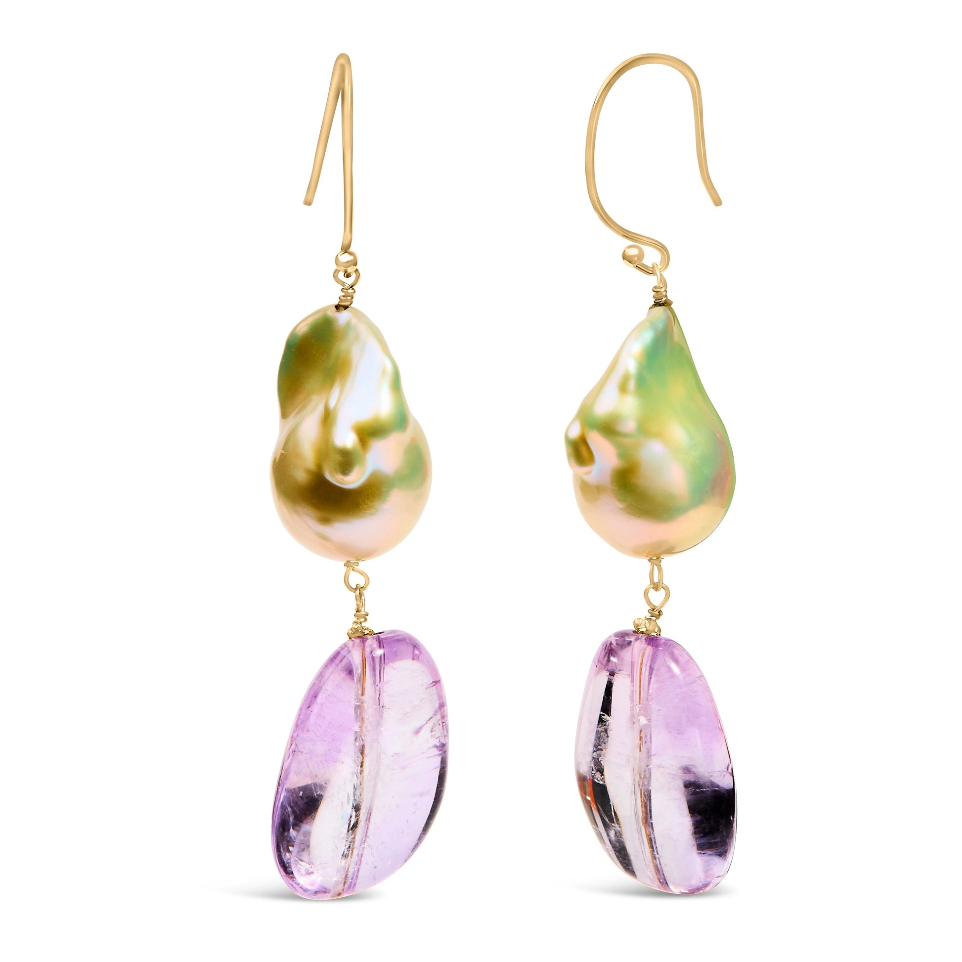 14K Yellow Gold Amethyst and Baroque Pearl Drop and Dangle Earrings 2" Inch Dangle Length Bids.com