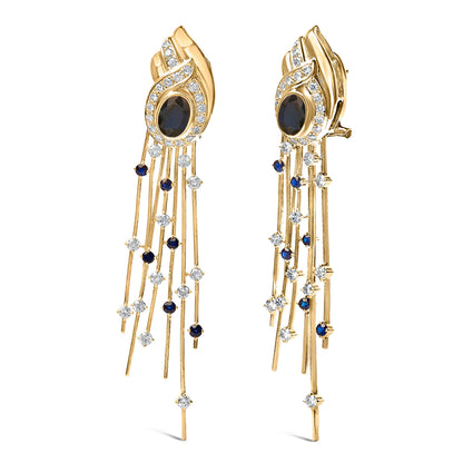 14K Yellow Gold 1.0 Cttw Diamond and Blue Sapphire Chandelier Earrings Bids.com