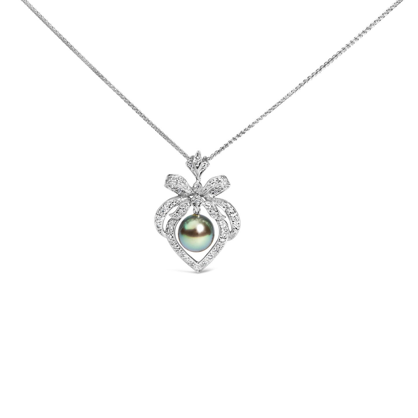 18K 3/4 Cttw Diamond and 12.5 MM Cultured Black Tahitian Pearl Heart Pendant Necklace (G-H Color, SI1-SI2 Clarity) - 18" Inches Bids.com