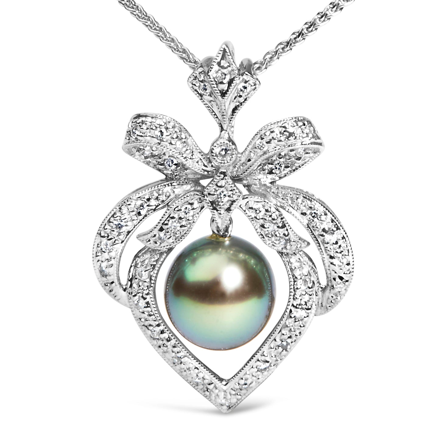 18K 3/4 Cttw Diamond and 12.5 MM Cultured Black Tahitian Pearl Heart Pendant Necklace (G-H Color, SI1-SI2 Clarity) - 18" Inches Bids.com