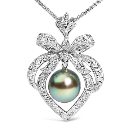 18K 3/4 Cttw Diamond and 12.5 MM Cultured Black Tahitian Pearl Heart Pendant Necklace (G-H Color, SI1-SI2 Clarity) - 18" Inches Bids.com