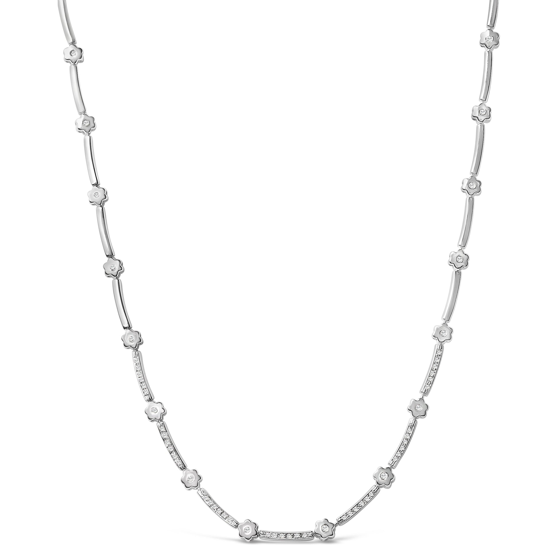 14K White Gold 1.0 Cttw Diamond Flower and Bar Station Necklace Bids.com