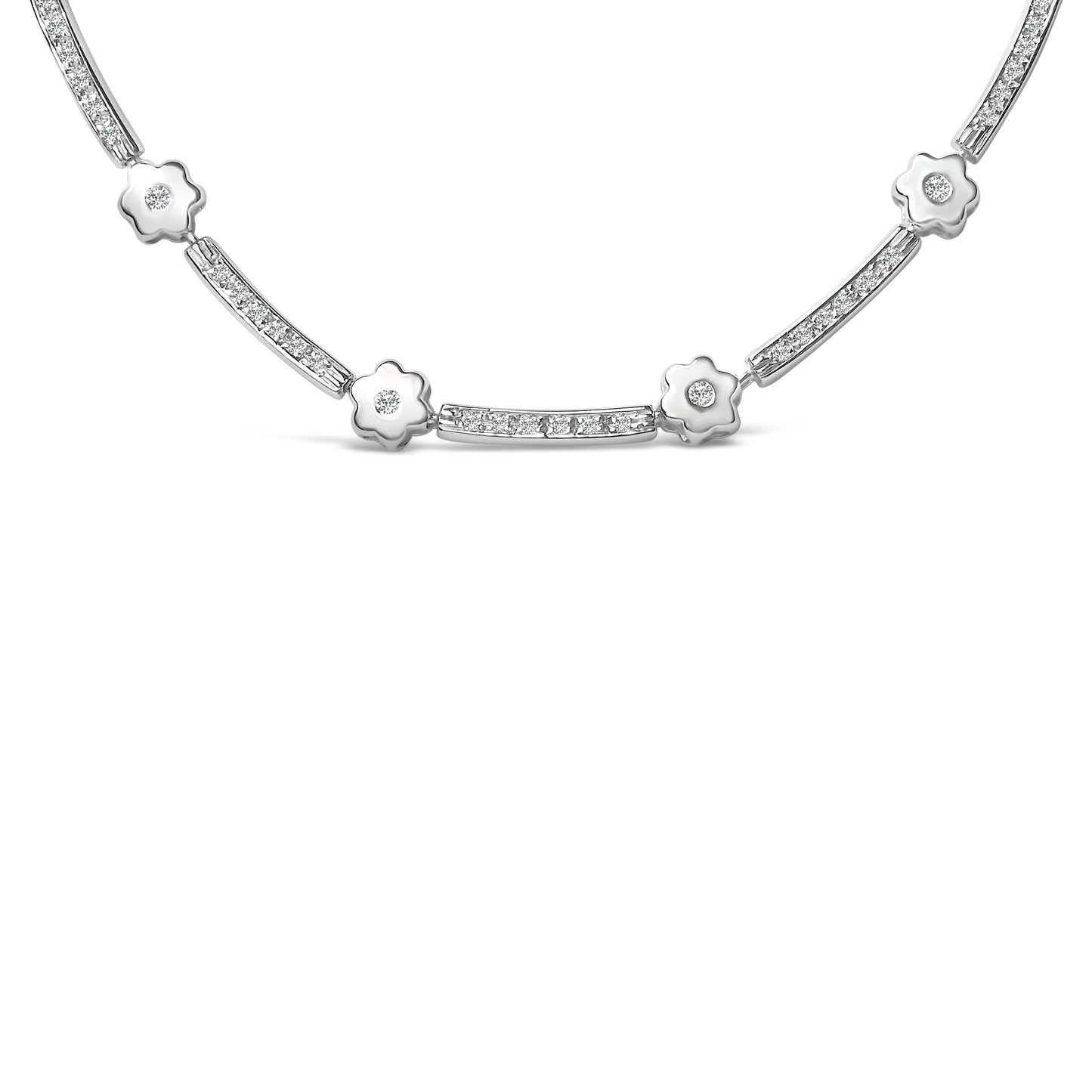 14K White Gold 1.0 Cttw Diamond Flower and Bar Station Necklace Bids.com