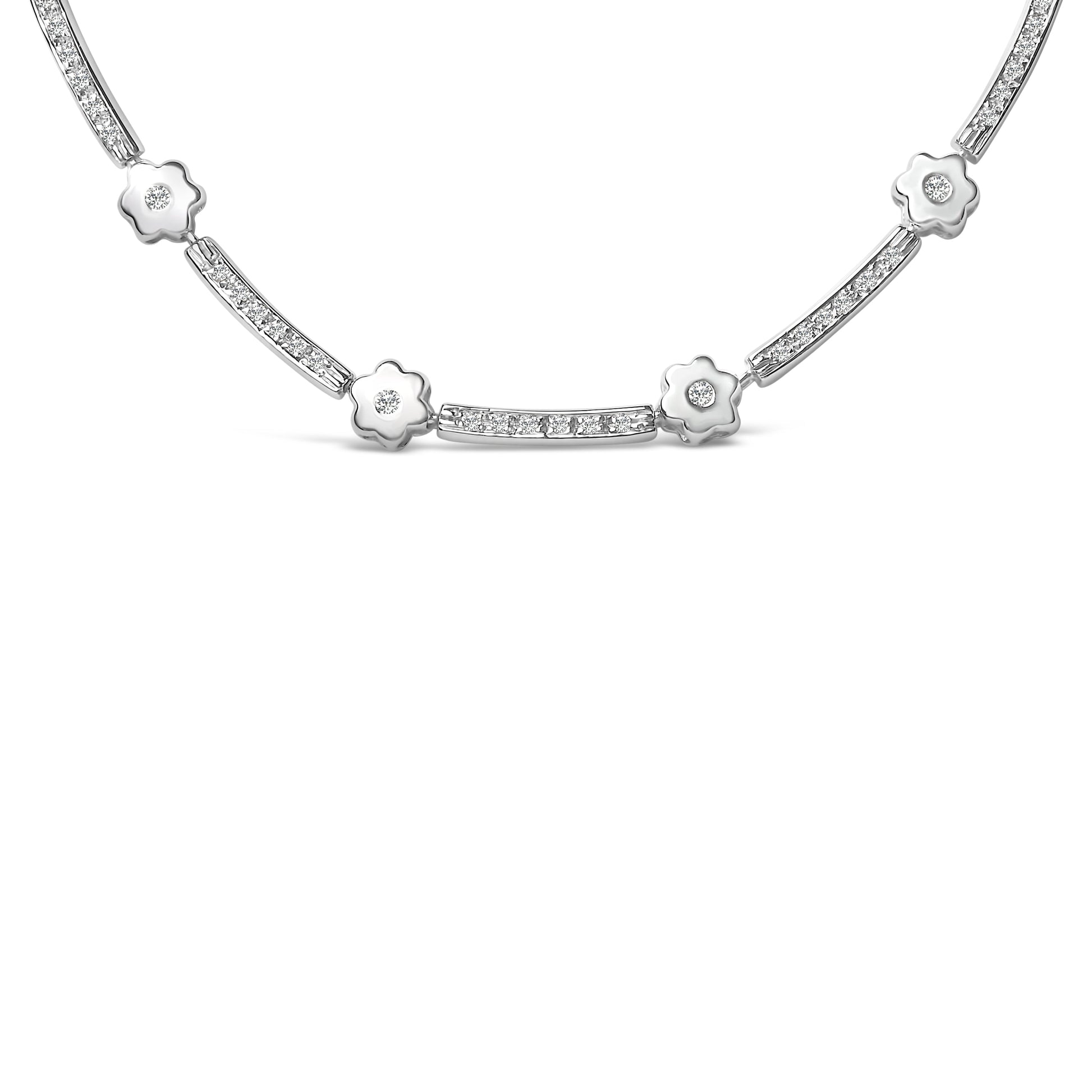 14K White Gold 1.0 Cttw Diamond Flower and Bar Station Necklace Bids.com
