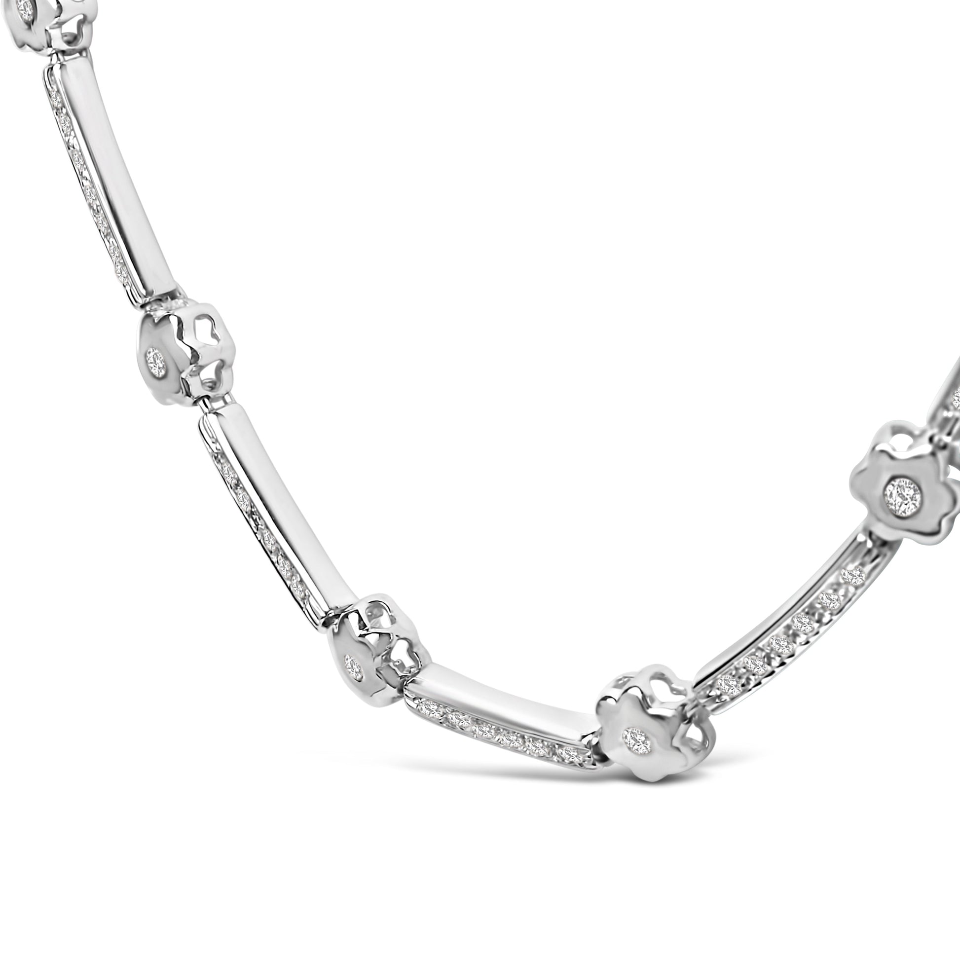 14K White Gold 1.0 Cttw Diamond Flower and Bar Station Necklace Bids.com