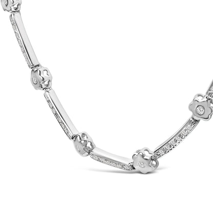 14K White Gold 1.0 Cttw Diamond Flower and Bar Station Necklace Bids.com