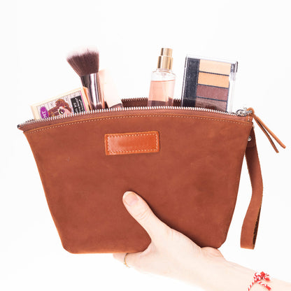 Luna Leather Makeup Bag – Genuine Leather Toiletry & Dopp Kit for Men & Women for Travel Elegance | Minimal & Handcrafted Mizuri Leather