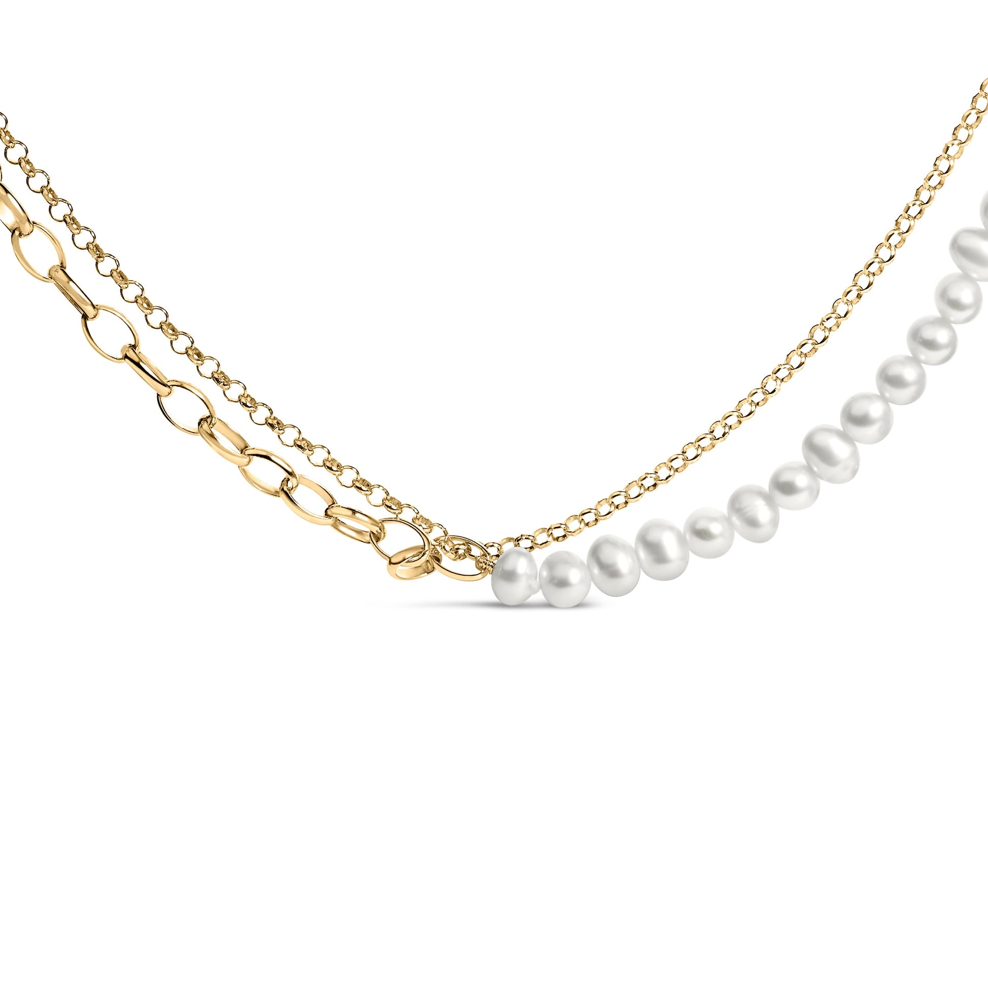 18K Yellow Gold Vermeil Cultured Pearl Strand Necklace with Rolo and Paperclip Chain Bids.com