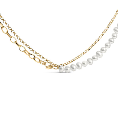 18K Yellow Gold Vermeil Cultured Pearl Strand Necklace with Rolo and Paperclip Chain Bids.com