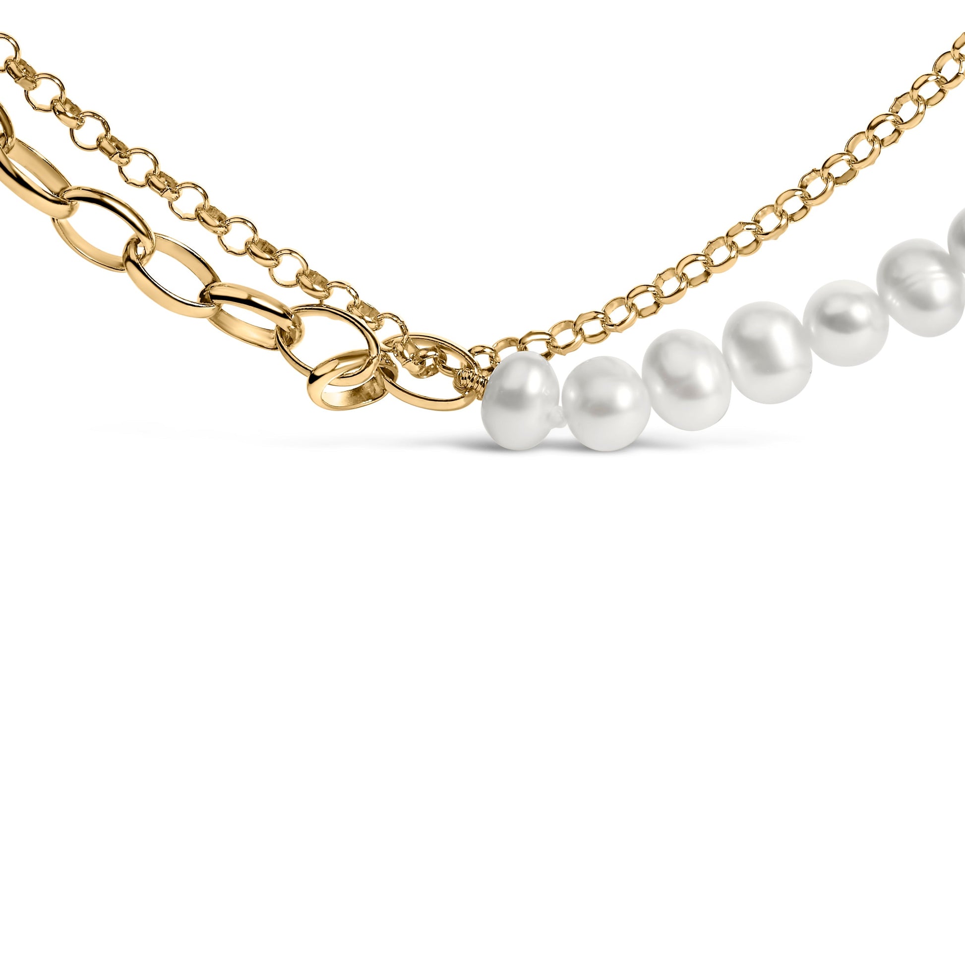 18K Yellow Gold Vermeil Cultured Pearl Strand Necklace with Rolo and Paperclip Chain Bids.com