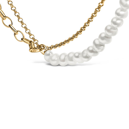 18K Yellow Gold Vermeil Cultured Pearl Strand Necklace with Rolo and Paperclip Chain Bids.com