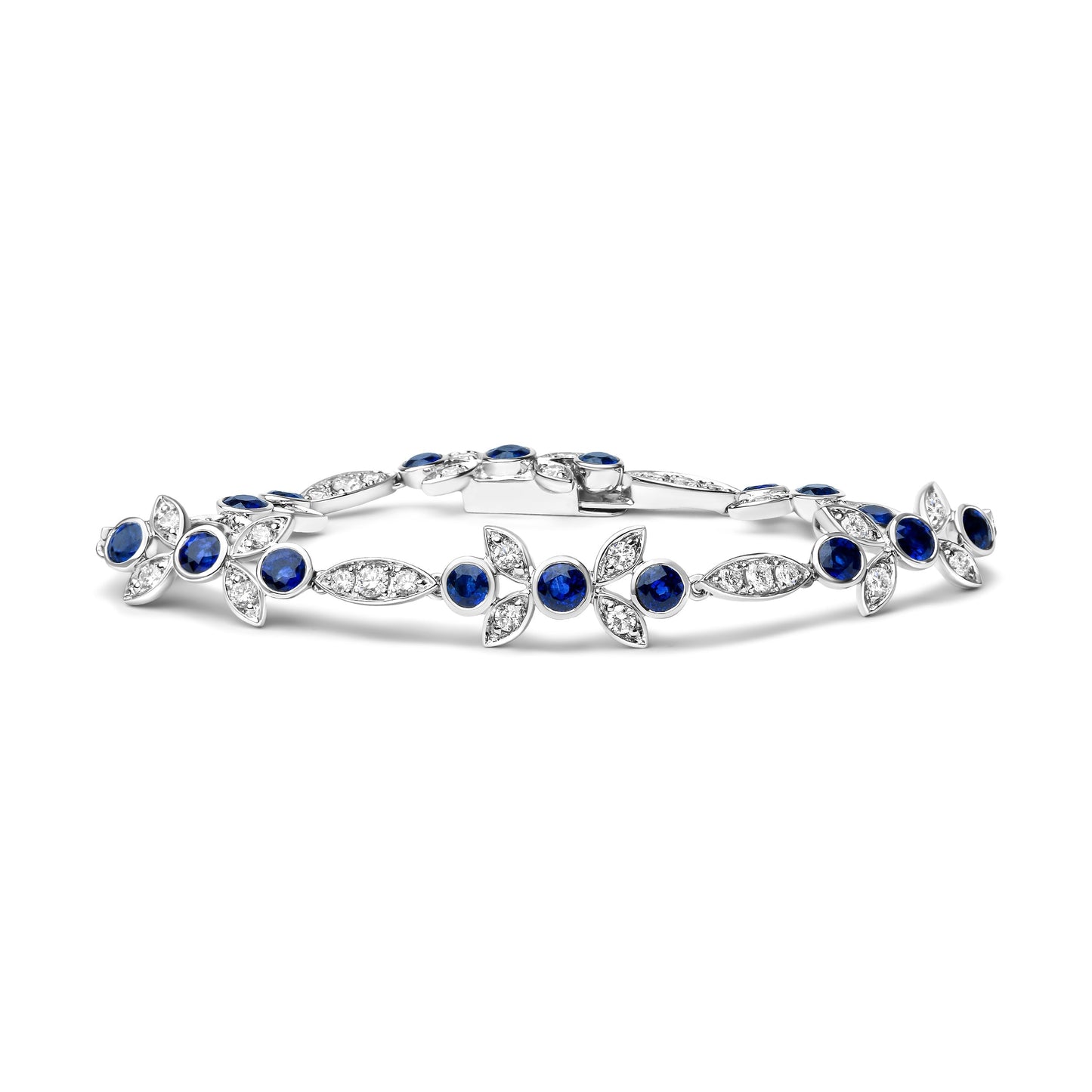 18K White Gold 1 3/4 Cttw Diamond and 3x3mm Round Blue Sapphire Gemstone Floral Link Bracelet (G-H Color, SI1-SI2 Clarity) - Size 7" Bids.com