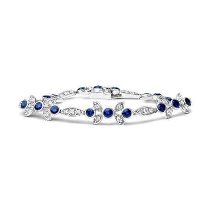 18K White Gold 1 3/4 Cttw Diamond and 3x3mm Round Blue Sapphire Gemstone Floral Link Bracelet (G-H Color, SI1-SI2 Clarity) - Size 7" Bids.com