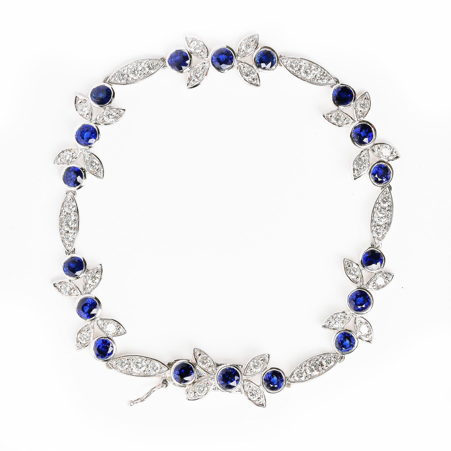 18K White Gold 1 3/4 Cttw Diamond and 3x3mm Round Blue Sapphire Gemstone Floral Link Bracelet (G-H Color, SI1-SI2 Clarity) - Size 7" Bids.com