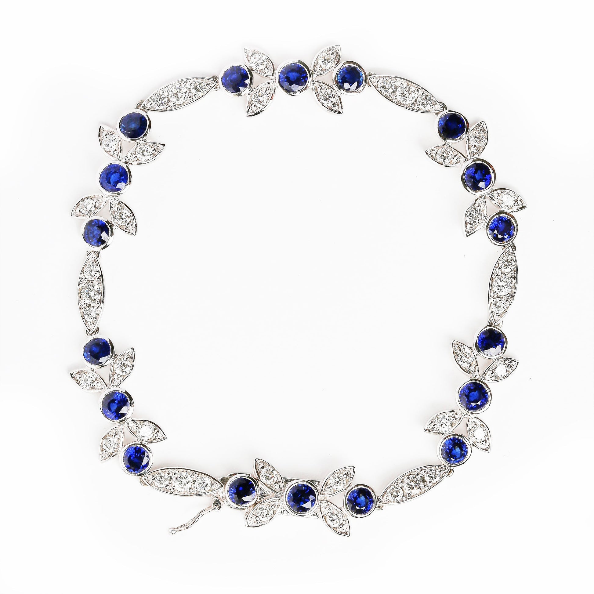 18K White Gold 1 3/4 Cttw Diamond and 3x3mm Round Blue Sapphire Gemstone Floral Link Bracelet (G-H Color, SI1-SI2 Clarity) - Size 7" Bids.com