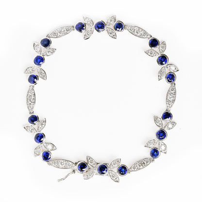 18K White Gold 1 3/4 Cttw Diamond and 3x3mm Round Blue Sapphire Gemstone Floral Link Bracelet (G-H Color, SI1-SI2 Clarity) - Size 7" Bids.com
