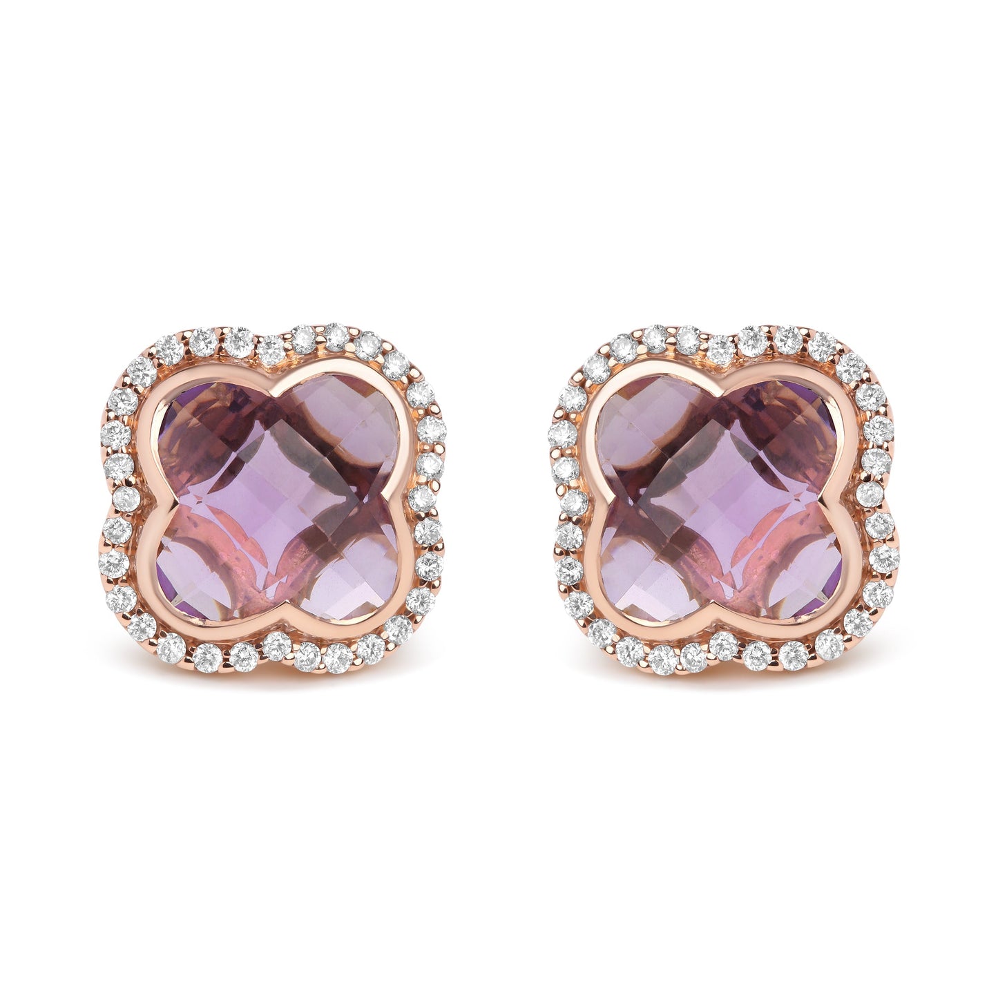 18K Rose Gold 3/8 Cttw Diamond and 11x11mm Clover-Cut Purple Amethyst Gemstone Clover Halo Stud Earrings (G-H Color, SI1-SI2 Clarity) Bids.com