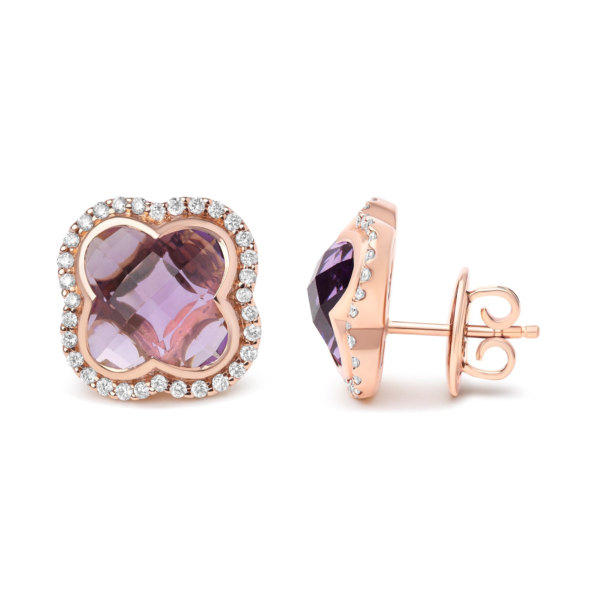 18K Rose Gold 3/8 Cttw Diamond and 11x11mm Clover-Cut Purple Amethyst Gemstone Clover Halo Stud Earrings (G-H Color, SI1-SI2 Clarity) Bids.com