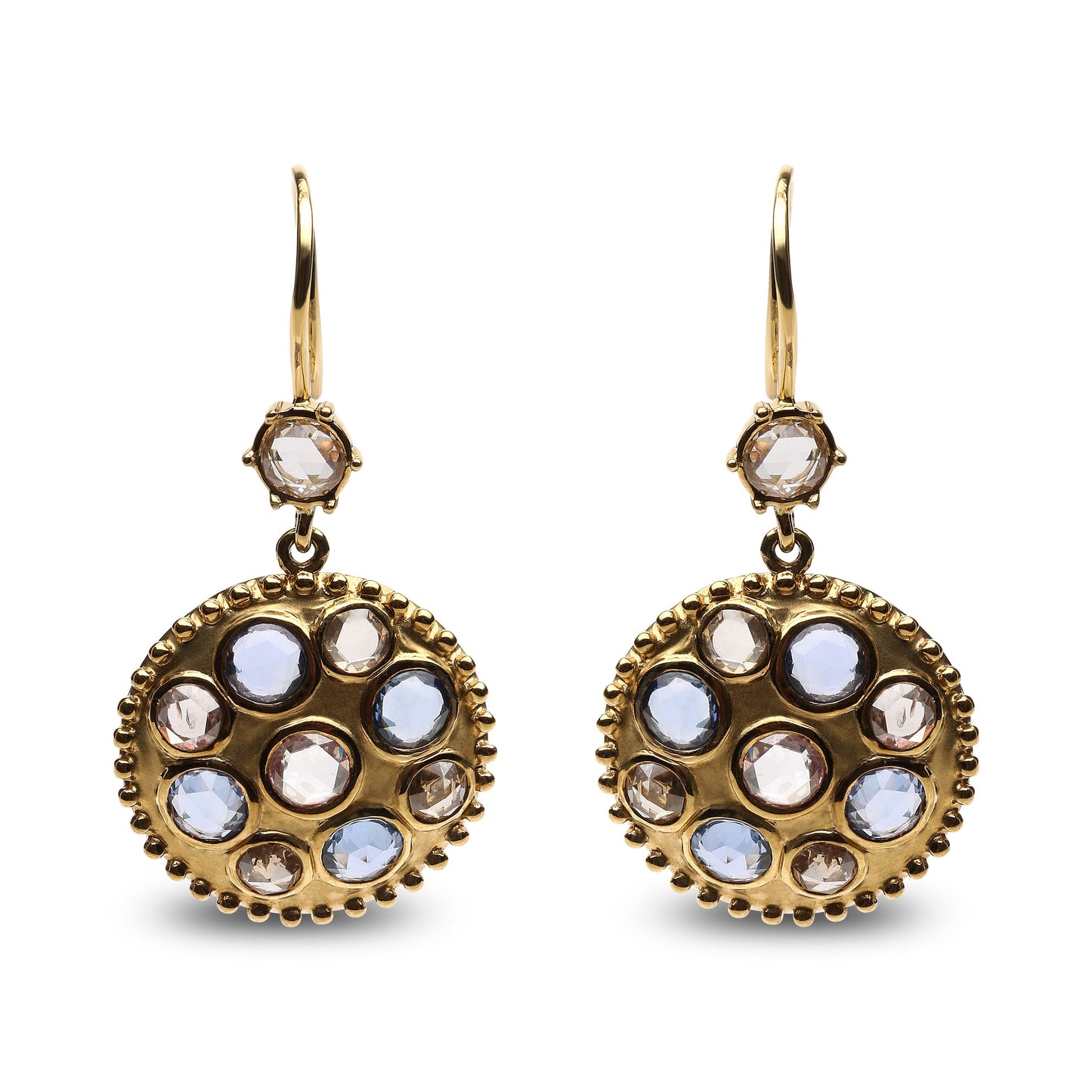 18K Yellow Gold 1 2/3 Cttw Diamond and Blue Sapphire Bezel Set Gemstone Cluster Medallion Dangle Earrings (Brown and G-H Color, SI1-SI2 Clarity) Bids.com