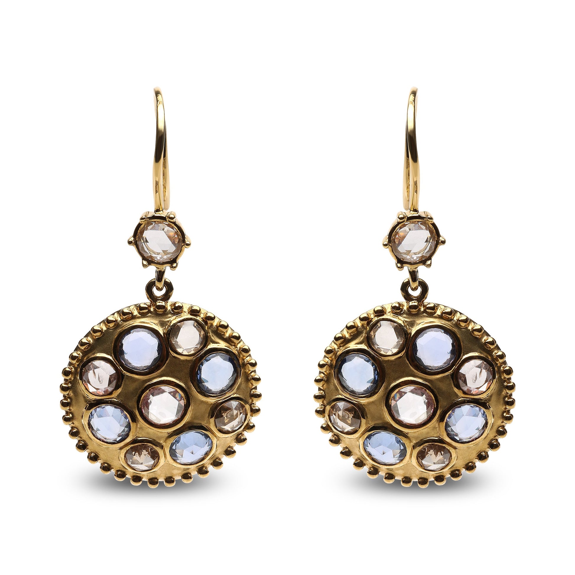 18K Yellow Gold 1 2/3 Cttw Diamond and Blue Sapphire Bezel Set Gemstone Cluster Medallion Dangle Earrings (Brown and G-H Color, SI1-SI2 Clarity) Bids.com