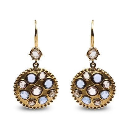 18K Yellow Gold 1 2/3 Cttw Diamond and Blue Sapphire Bezel Set Gemstone Cluster Medallion Dangle Earrings (Brown and G-H Color, SI1-SI2 Clarity) Bids.com