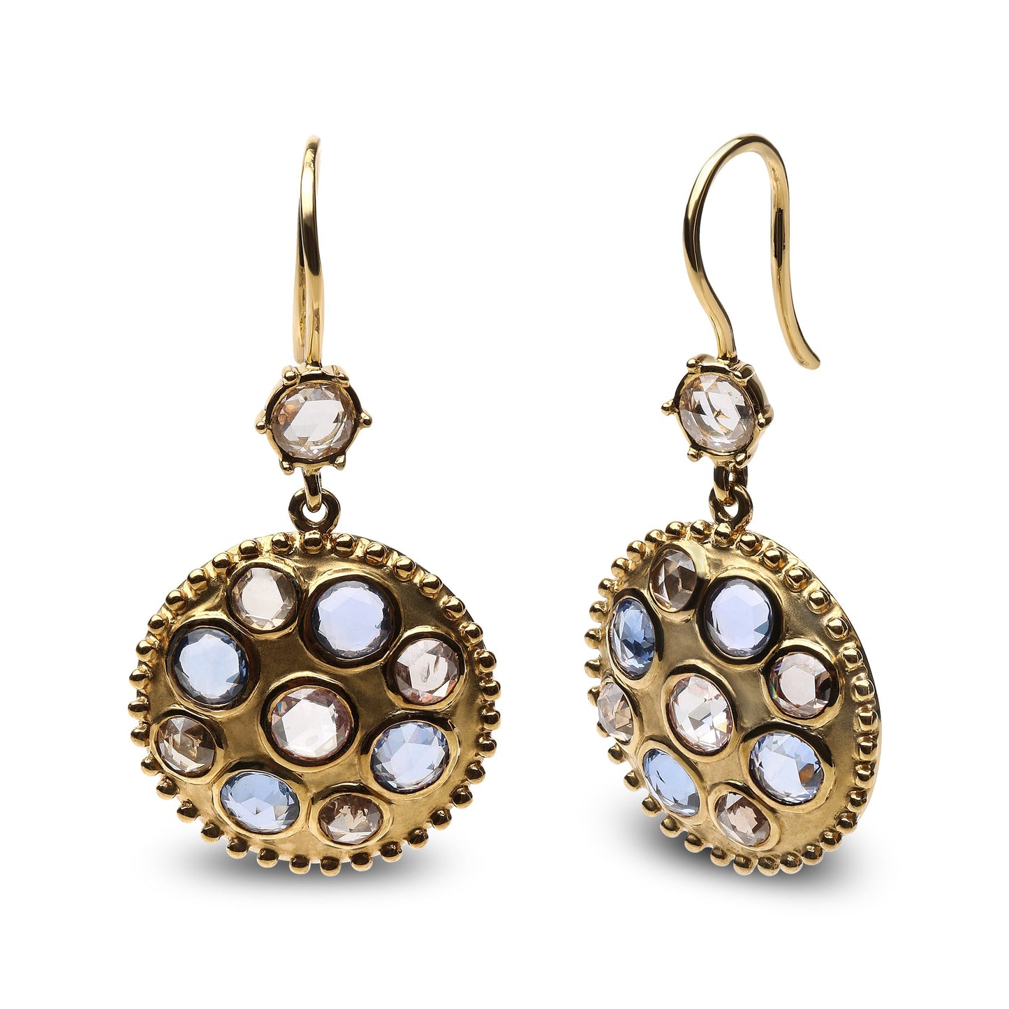 18K Yellow Gold 1 2/3 Cttw Diamond and Blue Sapphire Bezel Set Gemstone Cluster Medallion Dangle Earrings (Brown and G-H Color, SI1-SI2 Clarity) Bids.com