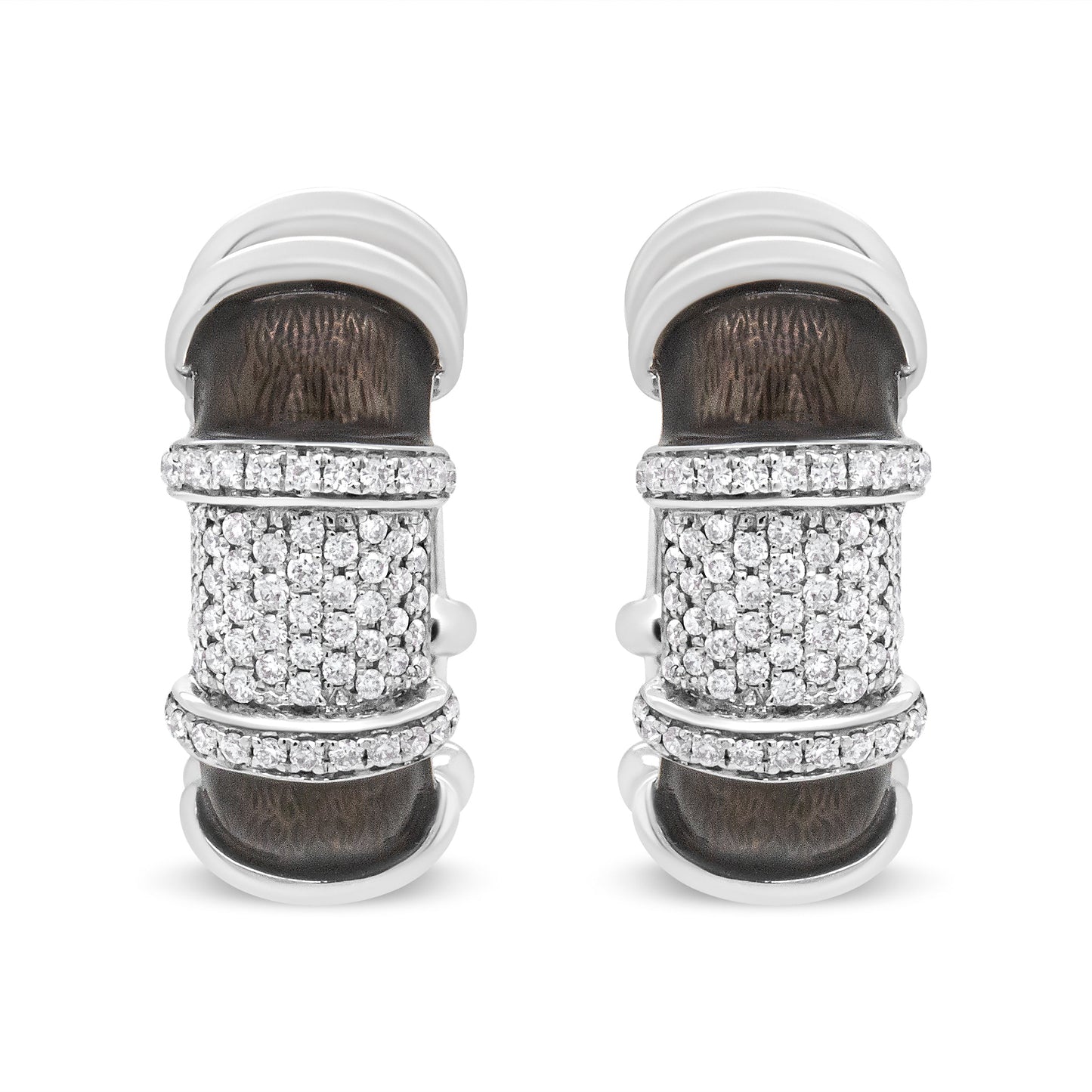 18K White Gold Flash Plated .925 Sterling Silver Clear Graphite Grey Enamel 5/8 Cttw Round Diamonds Huggie Hoop Earrings (F-G Color, VS1-VS2 Clarity) Bids.com