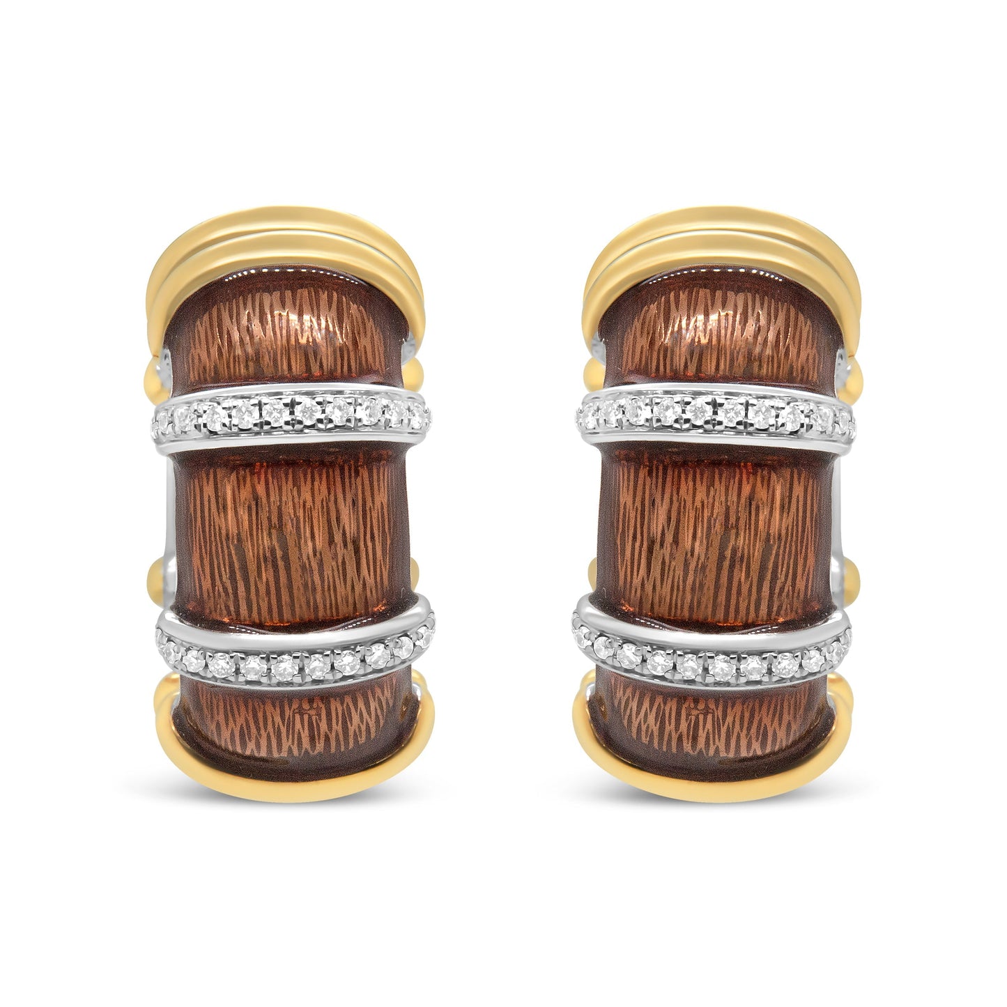 18K Yellow and White Gold Flash Plated .925 Sterling Silver Clear Brown Enamel 9/10 Cttw Round Diamonds Huggie Hoop Earrings (F-G Color, VS1-VS2 Clarity) Bids.com