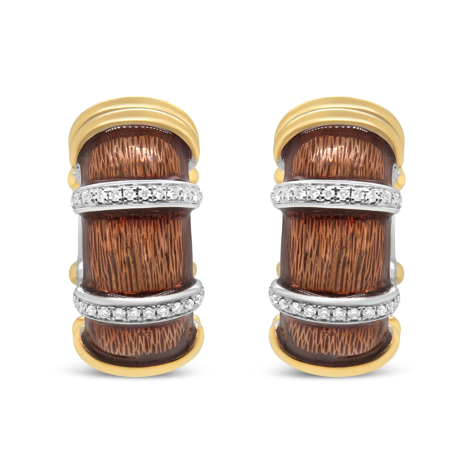 18K Yellow and White Gold Flash Plated .925 Sterling Silver Clear Brown Enamel 9/10 Cttw Round Diamonds Huggie Hoop Earrings (F-G Color, VS1-VS2 Clarity) Bids.com