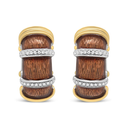 18K Yellow and White Gold Flash Plated .925 Sterling Silver Clear Brown Enamel 9/10 Cttw Round Diamonds Huggie Hoop Earrings (F-G Color, VS1-VS2 Clarity) Bids.com
