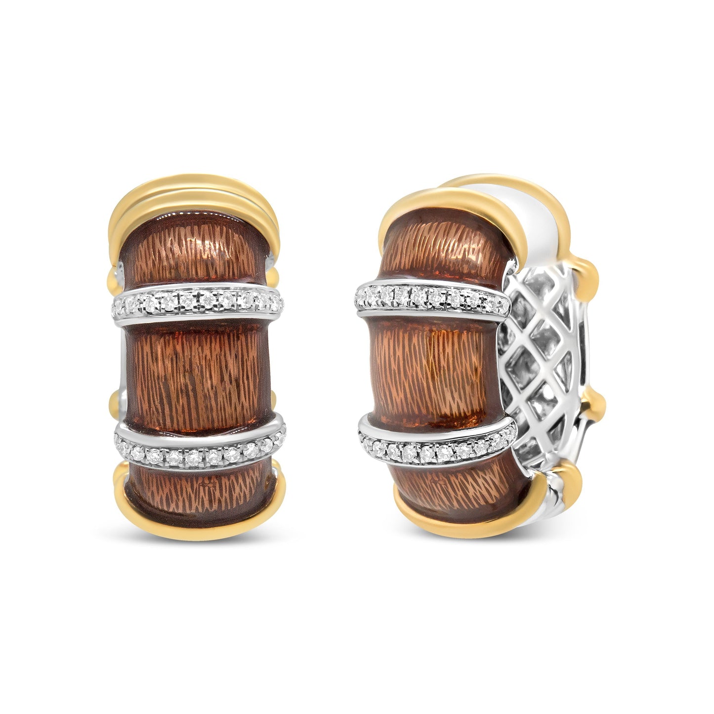 18K Yellow and White Gold Flash Plated .925 Sterling Silver Clear Brown Enamel 9/10 Cttw Round Diamonds Huggie Hoop Earrings (F-G Color, VS1-VS2 Clarity) Bids.com
