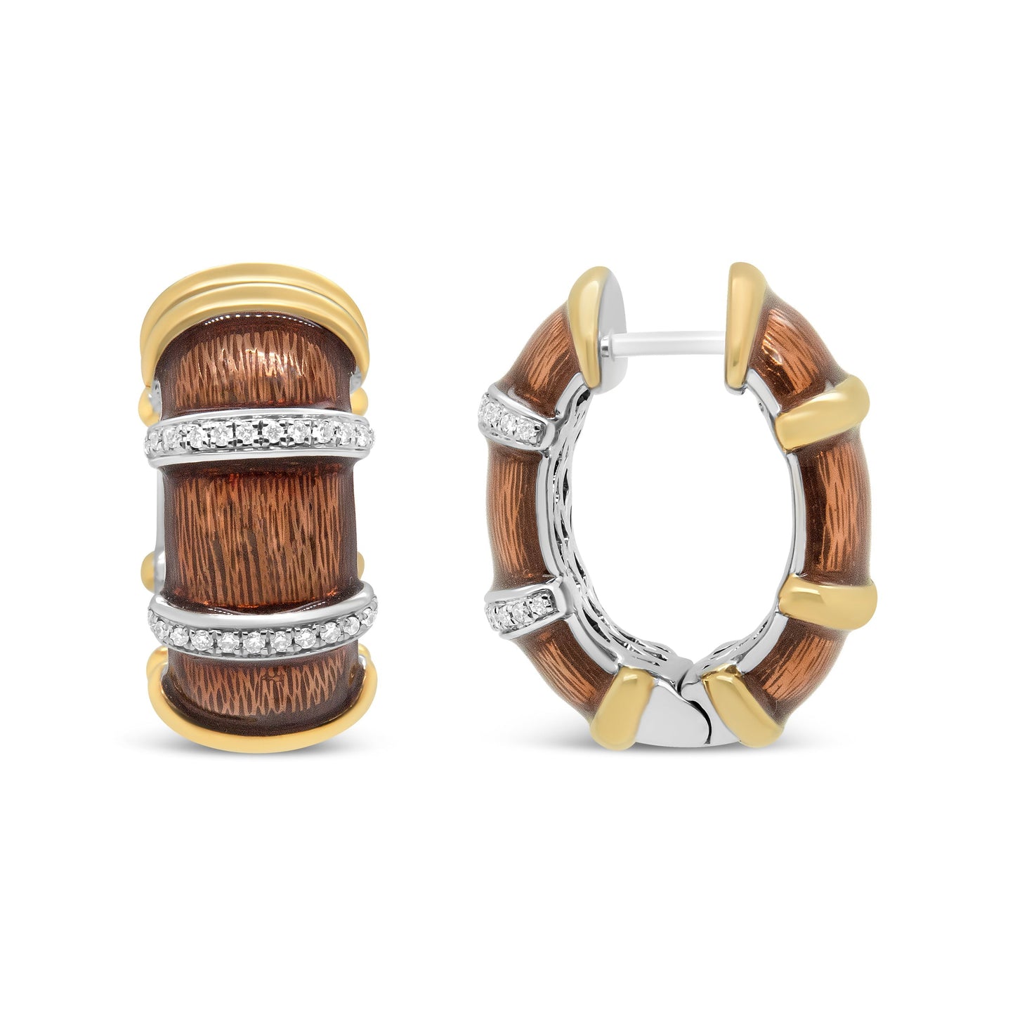 18K Yellow and White Gold Flash Plated .925 Sterling Silver Clear Brown Enamel 9/10 Cttw Round Diamonds Huggie Hoop Earrings (F-G Color, VS1-VS2 Clarity) Bids.com