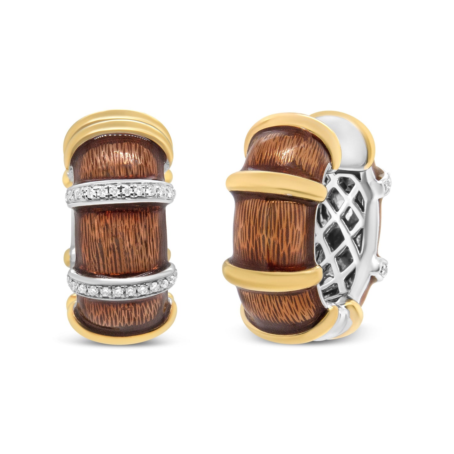 18K Yellow and White Gold Flash Plated .925 Sterling Silver Clear Brown Enamel 9/10 Cttw Round Diamonds Huggie Hoop Earrings (F-G Color, VS1-VS2 Clarity) Bids.com
