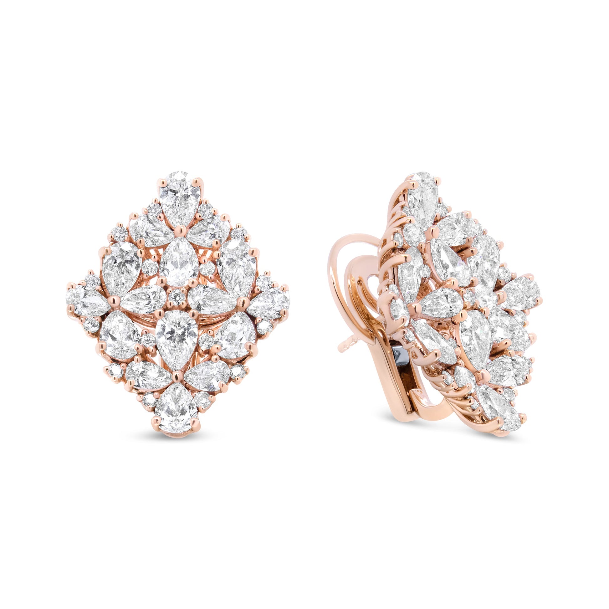 18K Rose Gold 8 1/3 Cttw Pear and Round Diamond Floral Cluster Omega Earrings (F-G Color, VS1-VS2 Clarity) Bids.com