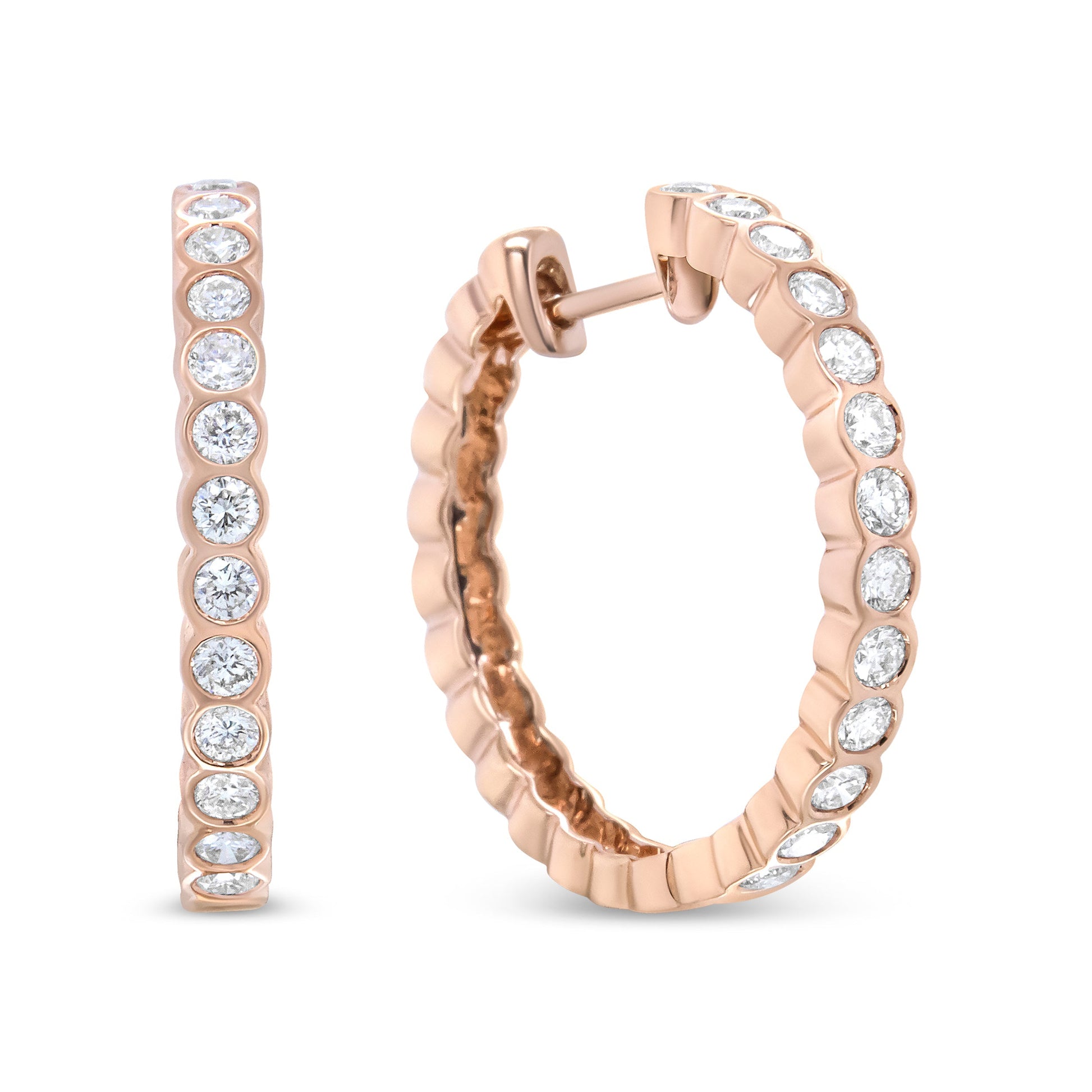 18K Rose Gold 1 Cttw Round Bezel-Set Diamond Hoop Earrings (F-G Color, VS1-VS2 Clarity) Bids.com