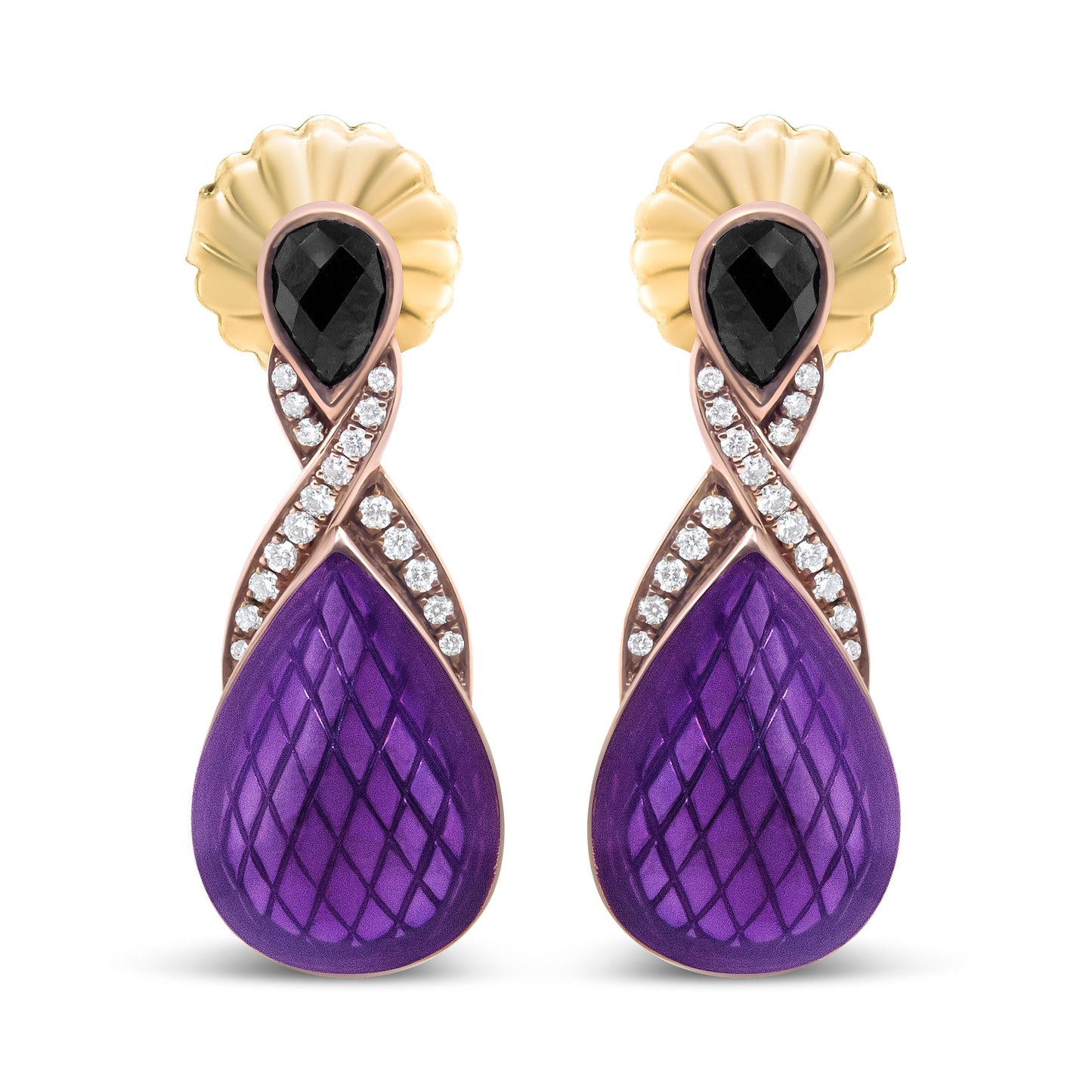 18K Rose Gold Flash Plated .925 Sterling Silver Purple Enamel 1/5 Cttw Round Pave-Set Diamond and 5.5 x 4mm Pear-Shaped Black Onyx Drop Earrings (F-G Color, VS1-VS2 Clarity) Bids.com