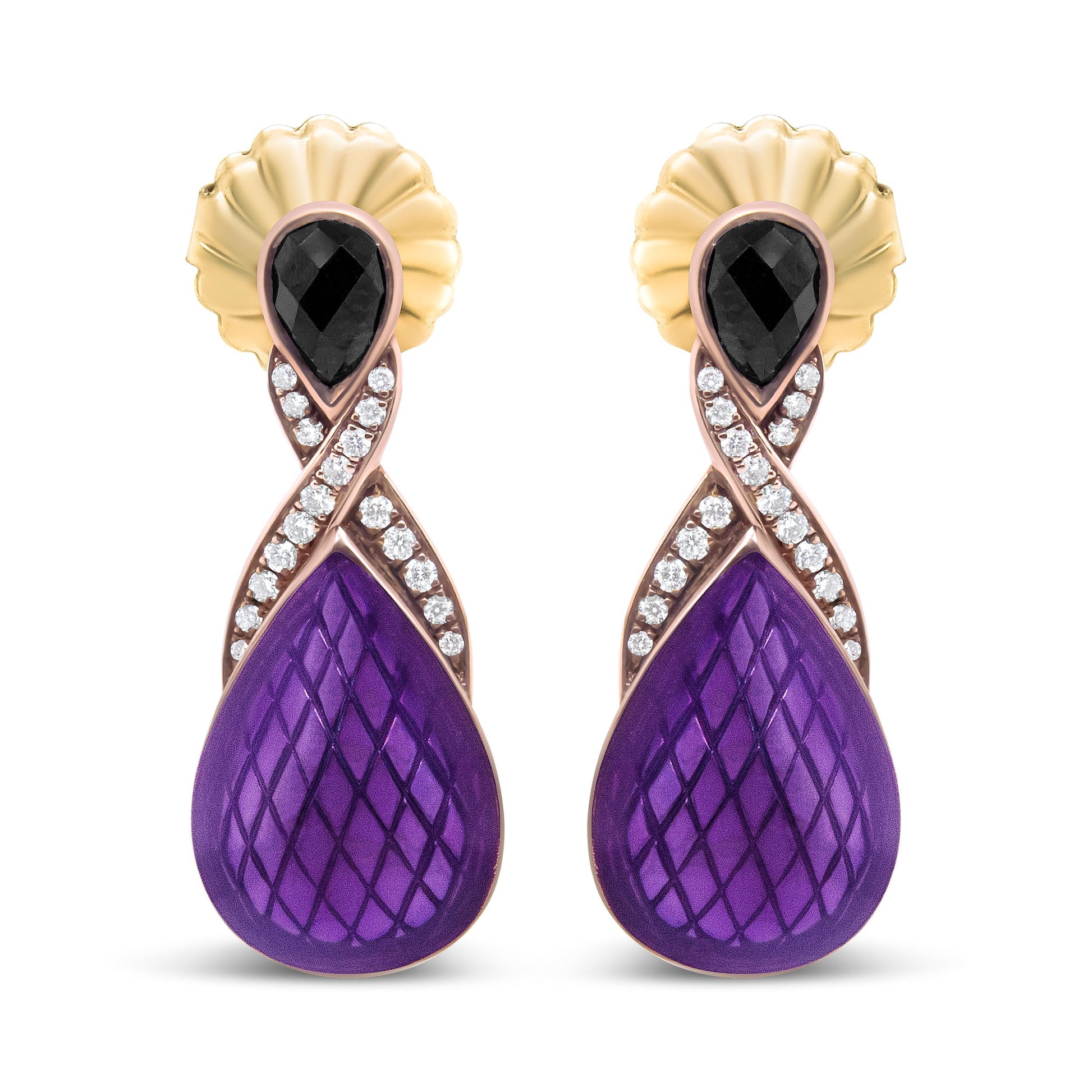 18K Rose Gold Flash Plated .925 Sterling Silver Purple Enamel 1/5 Cttw Round Pave-Set Diamond and 5.5 x 4mm Pear-Shaped Black Onyx Drop Earrings (F-G Color, VS1-VS2 Clarity) Bids.com