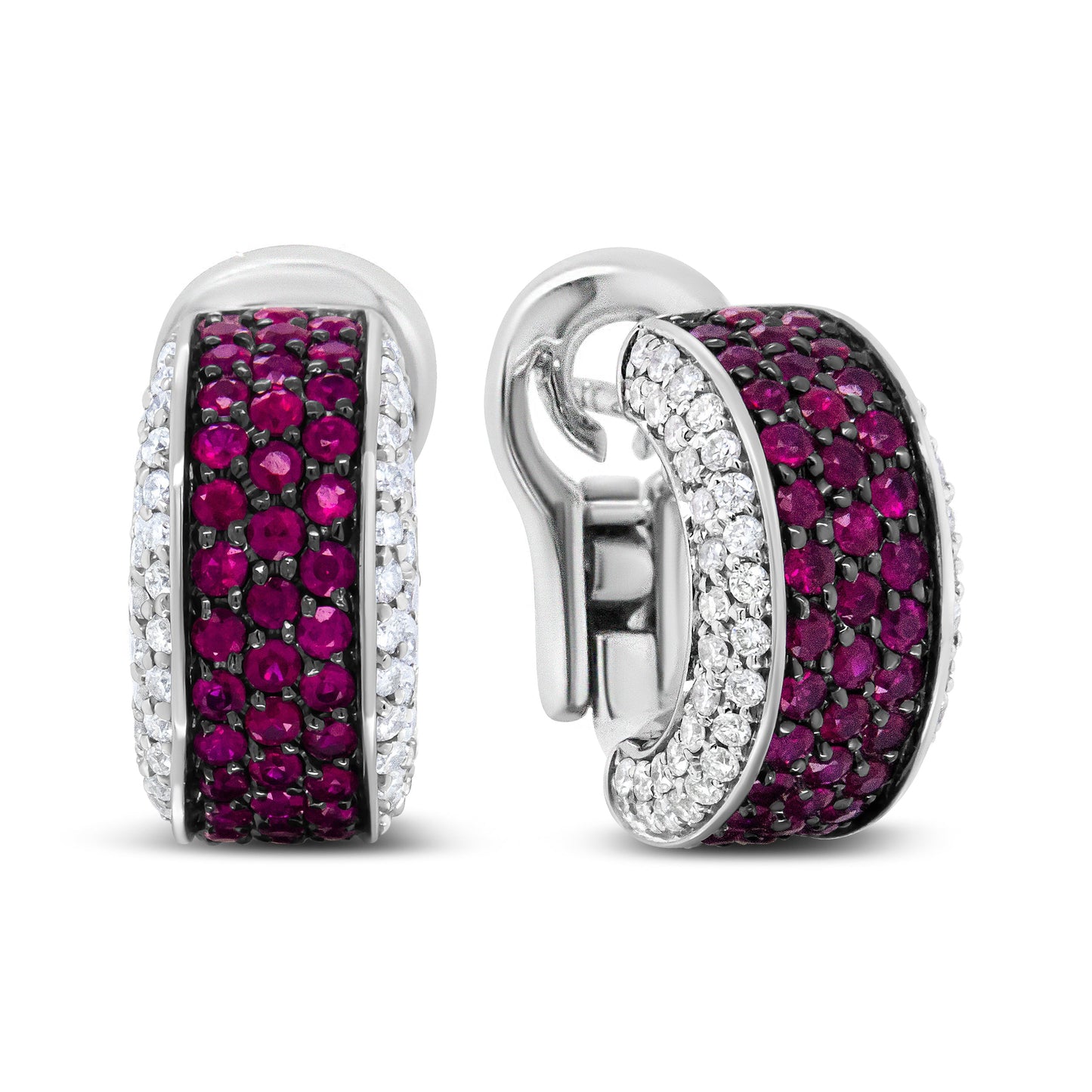 18K White Gold and Black Rhodium Plated 3/4 Cttw Round Diamonds and 1mm Round Red Ruby Huggie Hoop Earrings (F-G Color, VS1-VS2 Clarity) Bids.com