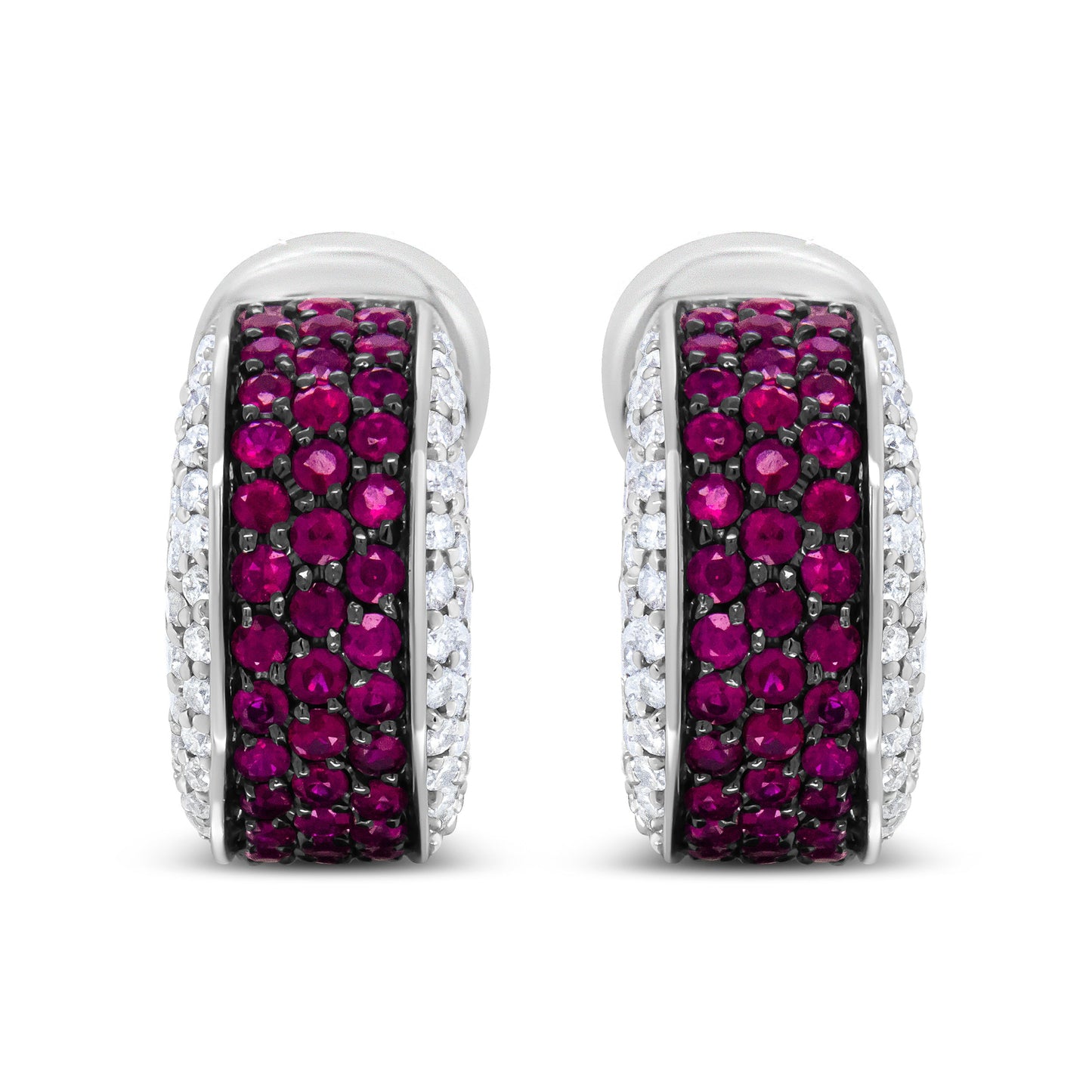 18K White Gold and Black Rhodium Plated 3/4 Cttw Round Diamonds and 1mm Round Red Ruby Huggie Hoop Earrings (F-G Color, VS1-VS2 Clarity) Bids.com