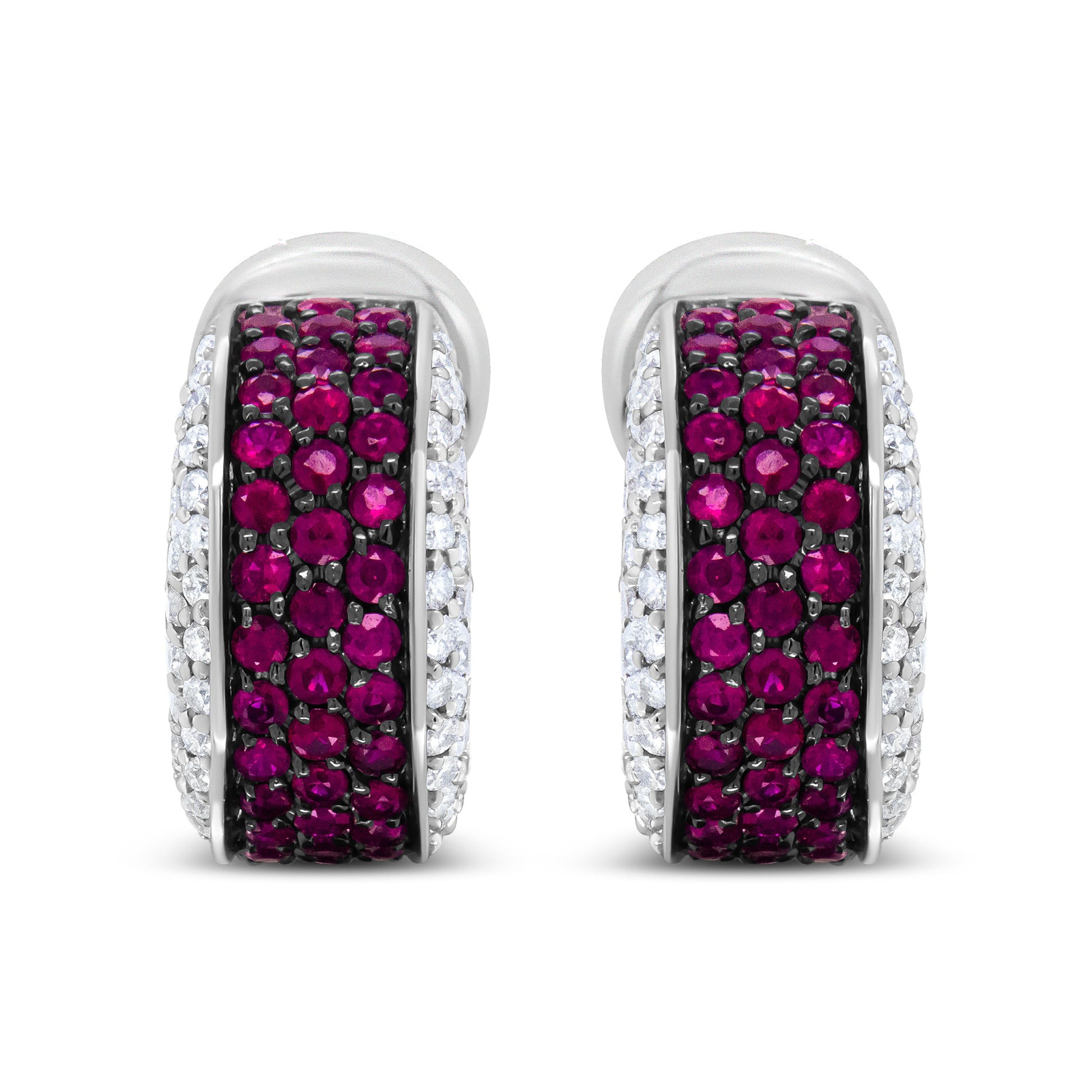 18K White Gold and Black Rhodium Plated 3/4 Cttw Round Diamonds and 1mm Round Red Ruby Huggie Hoop Earrings (F-G Color, VS1-VS2 Clarity) Bids.com